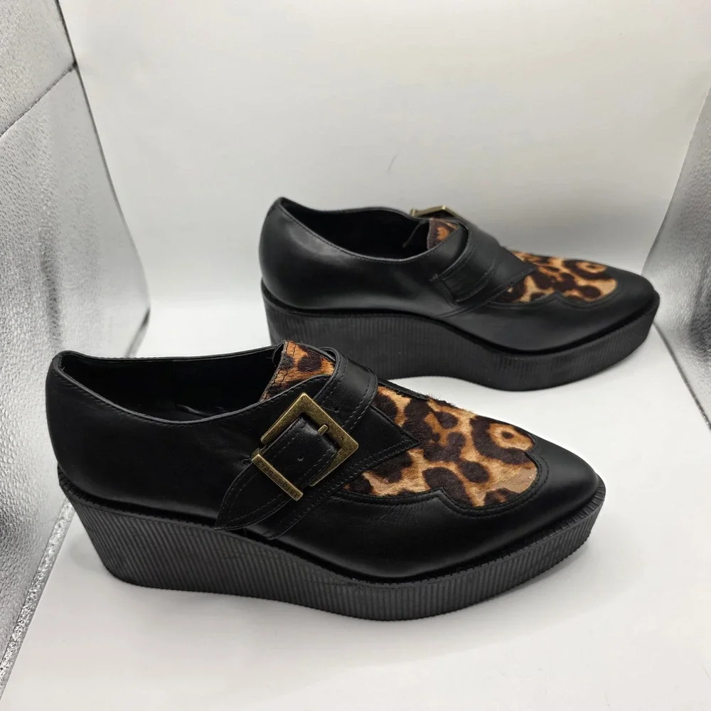 Gianni Bini Leopard‎ Calf Hair Platform Creepers Black Leather Buckle Shoes 9M
